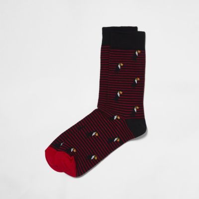 Red toucan print stripe socks